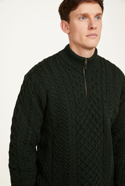 100% wool, sweater, merino wool,  knitwear, men's sweater, jumper, aran knit, men's jumper, made in Ireland, cable knit,green