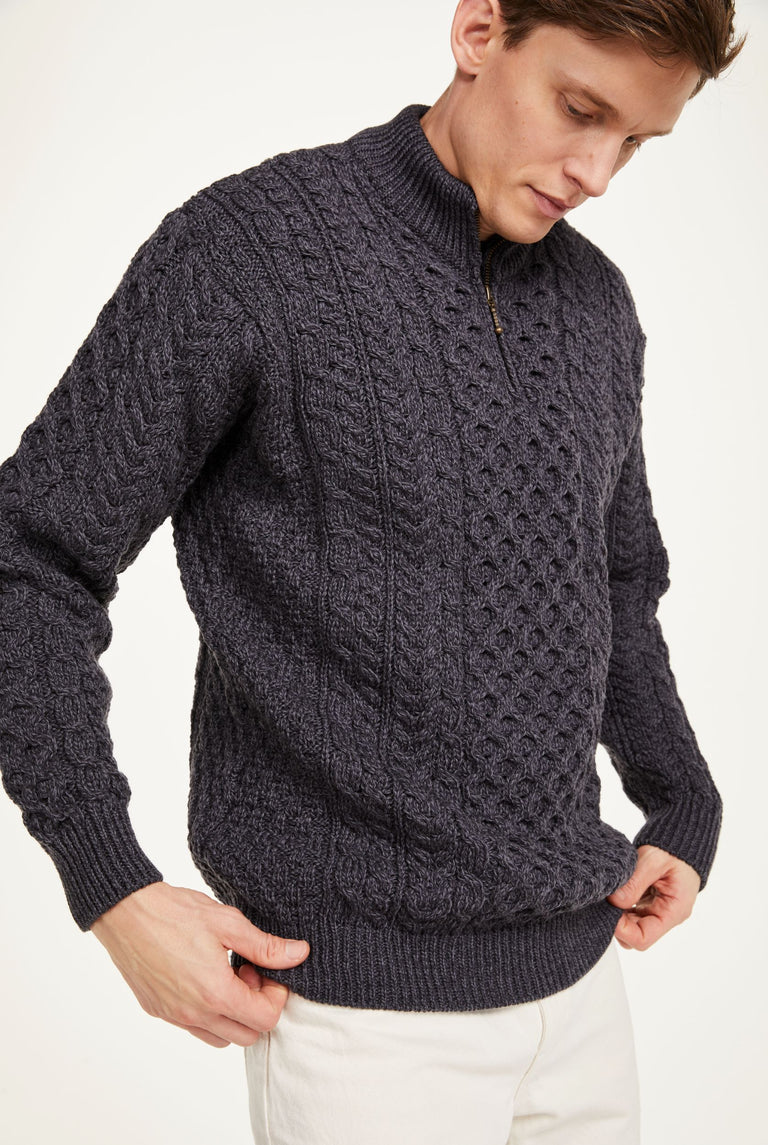 Ballycroy Mens Aran Half Zip Sweater - Grey