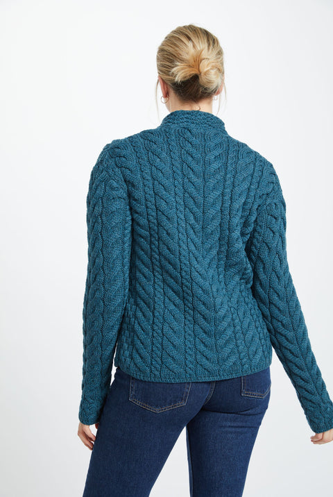 Louisburgh Ladies Cable Aran Cardigan - Irish Sea