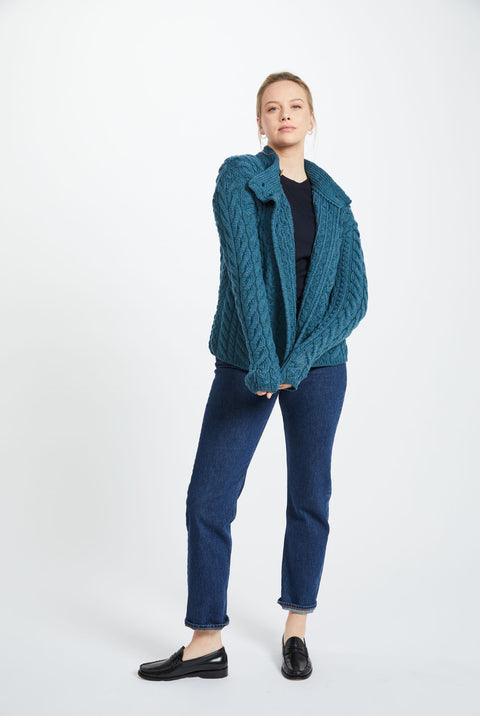 Louisburgh Ladies Cable Aran Cardigan - Irish Sea