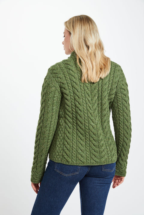 Louisburgh Ladies Cable Aran Cardigan - Meadow Green