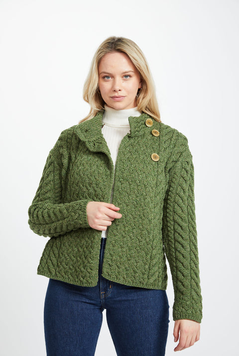 Louisburgh Ladies Cable Aran Cardigan - Meadow Green