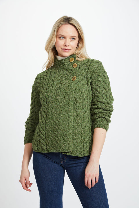 Louisburgh Ladies Cable Aran Cardigan - Meadow Green