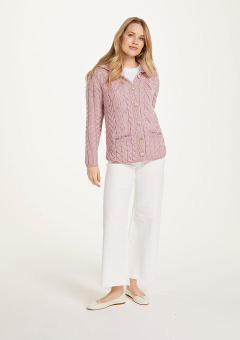 Made in Ireland, wool cardigan knitwear, aran sweater, cardigan, merino wool, pink, ladies' knitwear, knitwear, cable knit