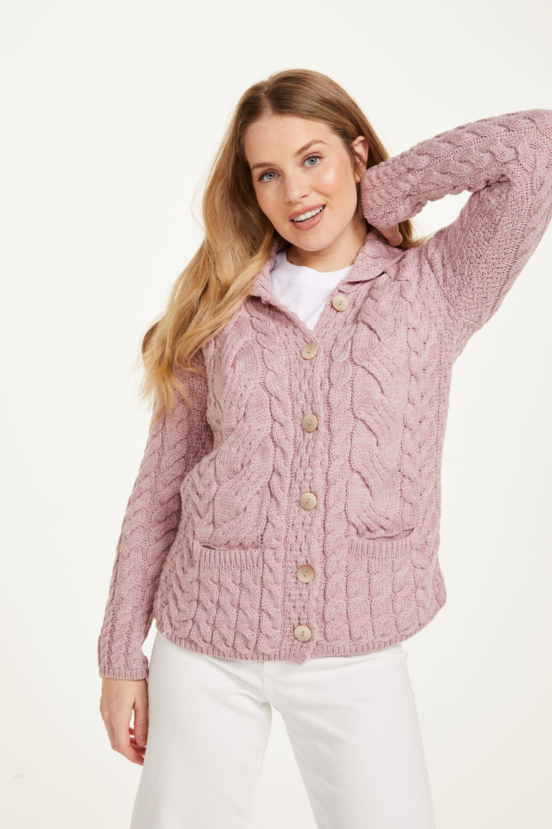 Made in Ireland, wool cardigan knitwear, aran sweater, cardigan, merino wool, pink, ladies' knitwear, knitwear, cable knit