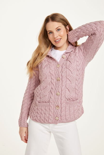 Made in Ireland, wool cardigan knitwear, aran sweater, cardigan, merino wool, pink, ladies' knitwear, knitwear, cable knit