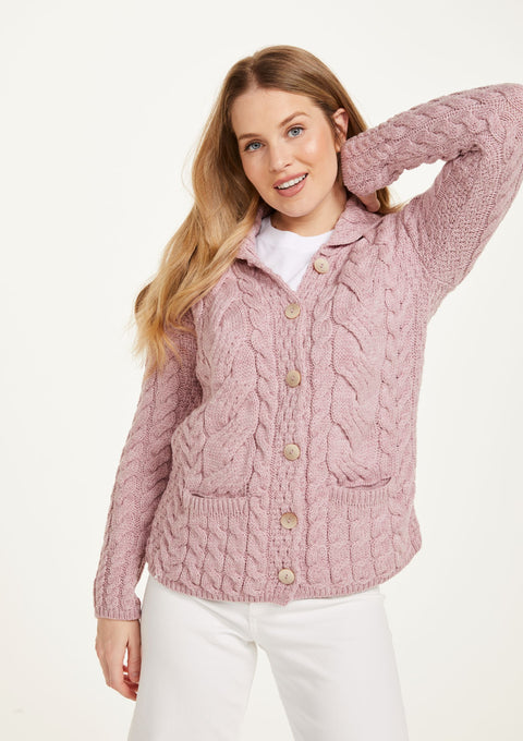 Made in Ireland, wool cardigan knitwear, aran sweater, cardigan, merino wool, pink, ladies' knitwear, knitwear, cable knit