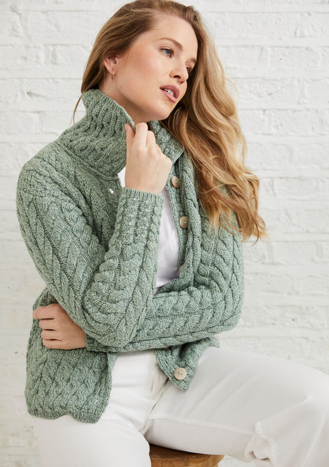 Made in Ireland, wool cardigan knitwear, aran sweater, cardigan, merino wool, green, ladies' knitwear, knitwear, cable knit