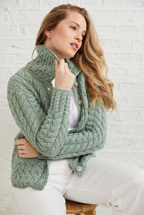 Cardigan Irlandais Aran Femme 100% Laine Mérinos Fabriqué En Irlande