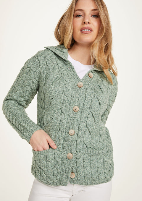 Made in Ireland, wool cardigan knitwear, aran sweater, cardigan, merino wool, green, ladies' knitwear, knitwear, cable knit