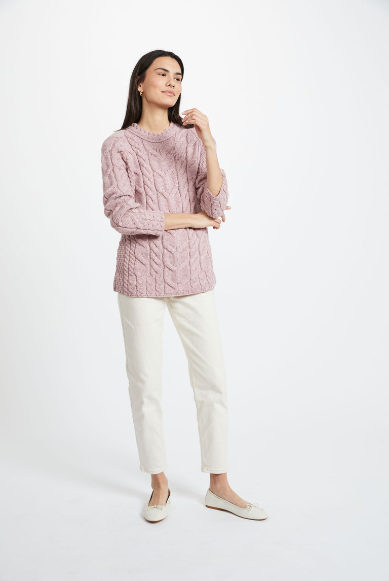 Listowel Ladies Aran Cabled Sweater - Blush Pink