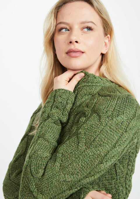 Merino wool, sweater, Ireland, Aran knit, jumper, Pullover, women's sweater, made in Ireland, knitwear, cable knit,green