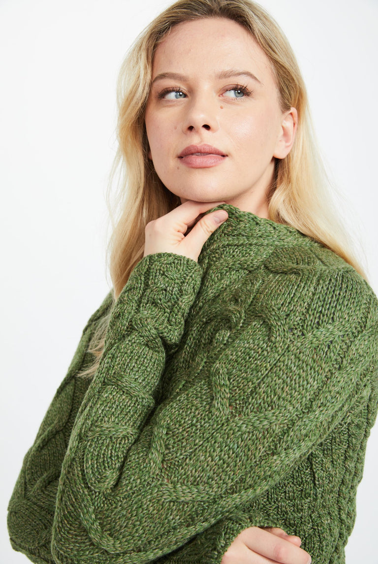 Listowel Ladies Aran Cabled Sweater - Meadow Green