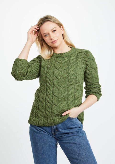 Merino wool, sweater, Ireland, Aran knit, jumper, Pullover, women's sweater, made in Ireland, knitwear, cable knit,green