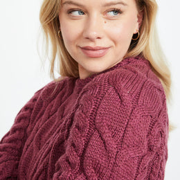 Listowel Ladies Aran Cabled Sweater - Berry