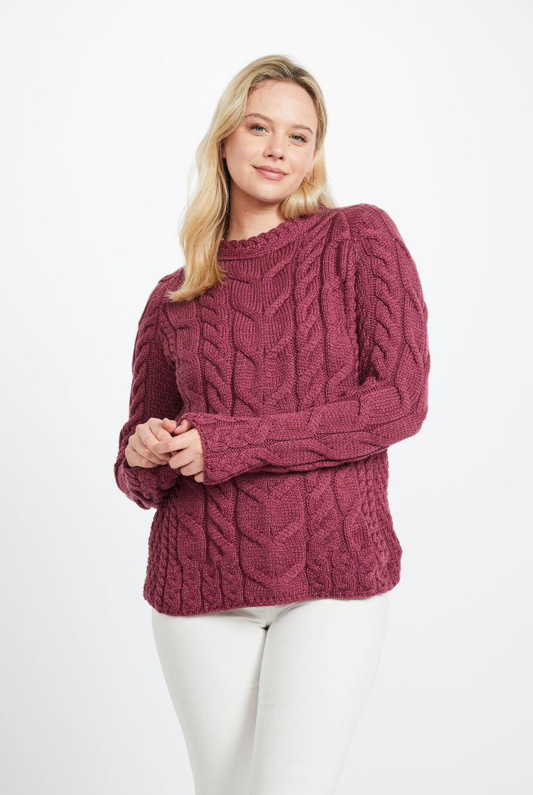 Listowel Ladies Aran Cabled Sweater - Raspberry