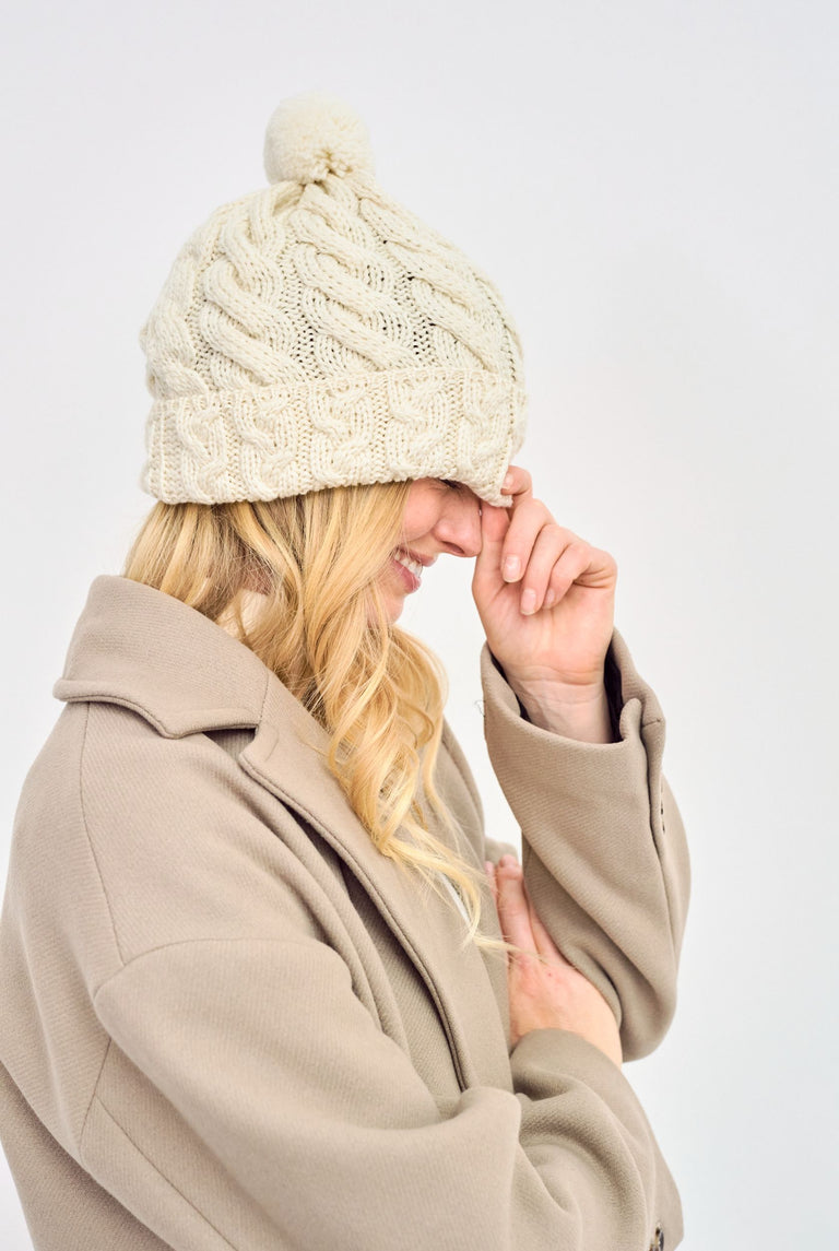 Clifden Cable Aran Hat with Pom Poms -  Cream