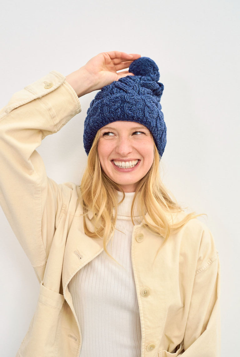 Clifden Cable Aran Hat with Pom Poms -  Navy