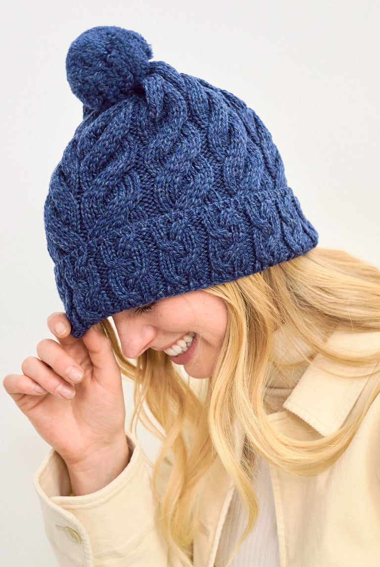 Clifden Cable Aran Hat with Pom Poms -  Navy