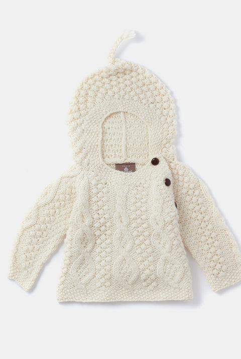 Shepley Baby Aran Wool Sweater with Hood - Cream