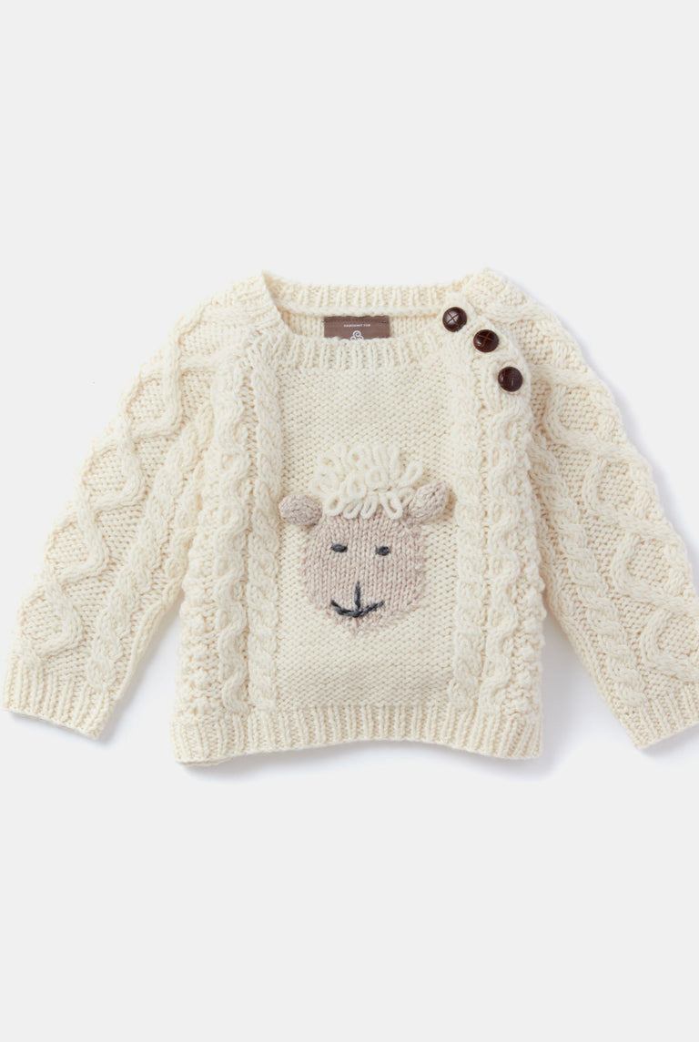 Shepley Character Baby Aran Wool Crew Neck Sweater - Cream