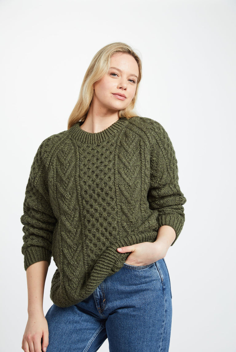 Kilronan Aran Ladies Honeycomb Sweater - Green