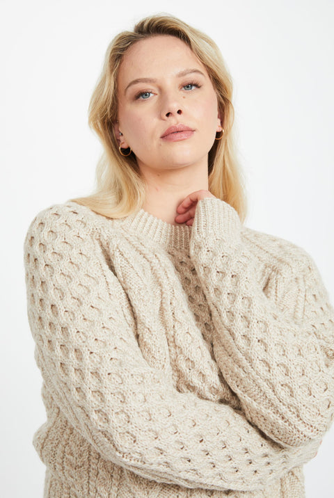 Kilronan Aran Ladies Honeycomb Sweater - Oat