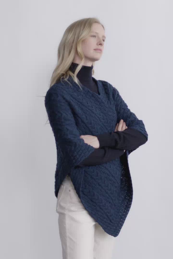 Glencar Ladies Classic Merino Aran Poncho - Atlantic
