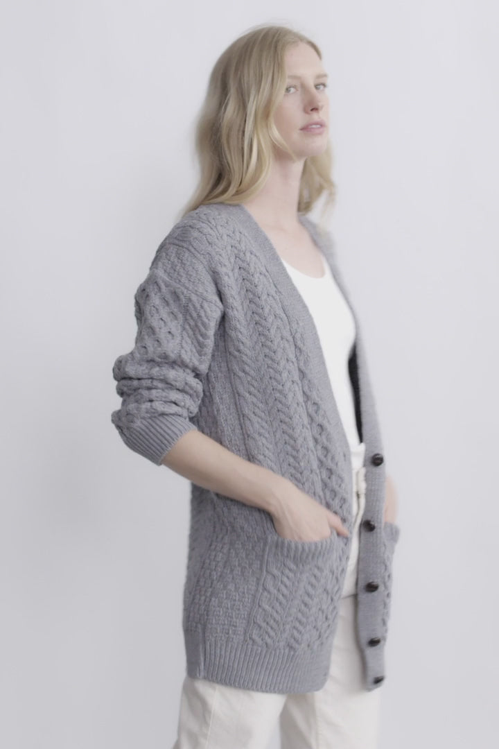 Delphi Aran Boyfriend Cardigan - Blue Grey