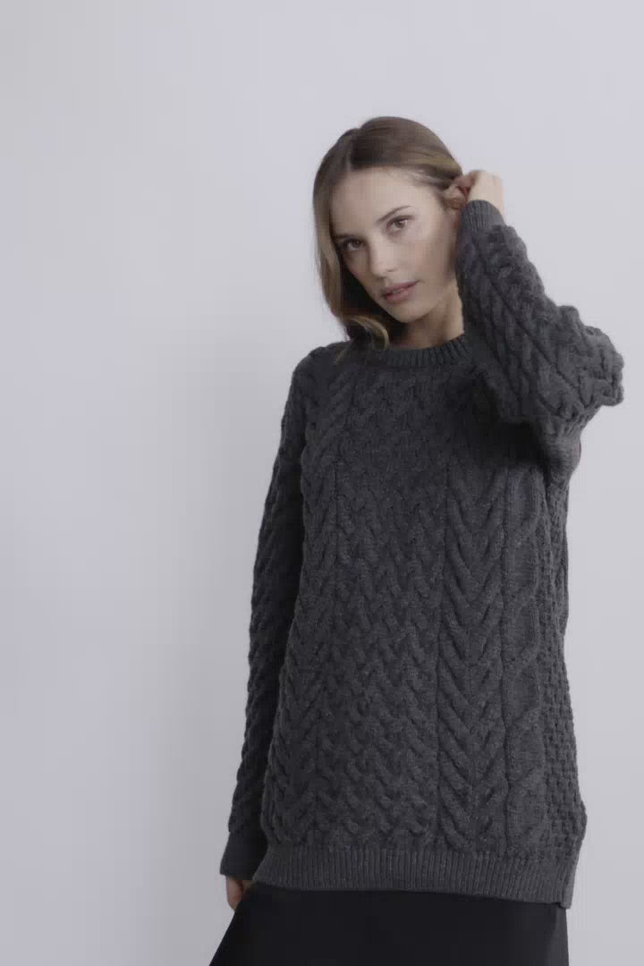 Omey Ladies Aran Crew Neck Sweater - Charcoal